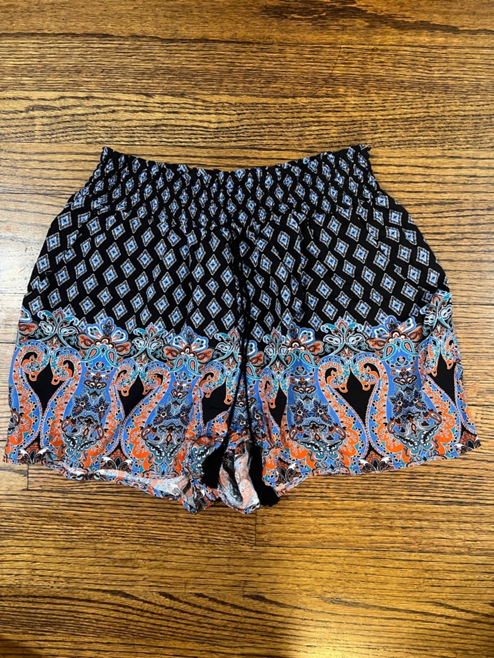 Xhilaration Black Paisley Border High-Waist Shorts with Blue and Orange Accents